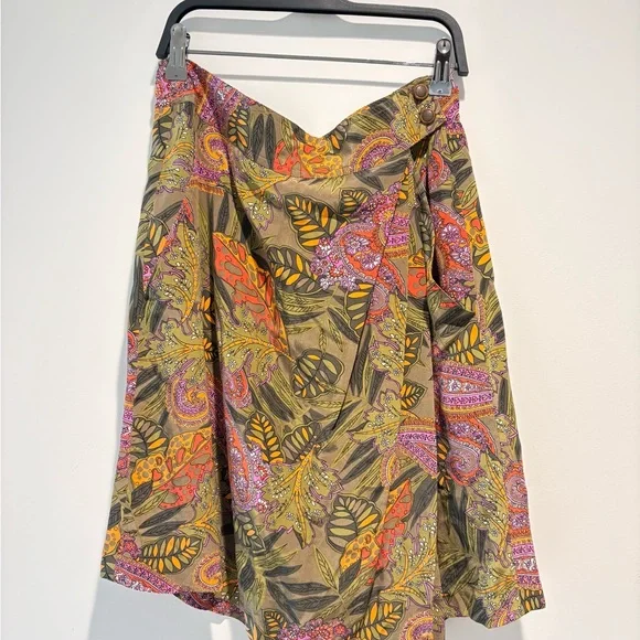 Vintage Sunny LeighFloral silk Paisley A-Line skort in Olivewith  Orange Accents - Picture 2 of 8